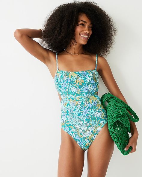 J.Crew: Cutout One-piece Swimsuit In Aqua Blooms For Women Cute One Piece Bathing Suits Modest, Modest One Piece Swimsuit, Cute One Piece Swimsuits, Strapless Bathing Suits, Full Coverage Swimsuit, Bandeau One Piece Swimsuit, Modest Swimsuits, Plunging One Piece Swimsuit