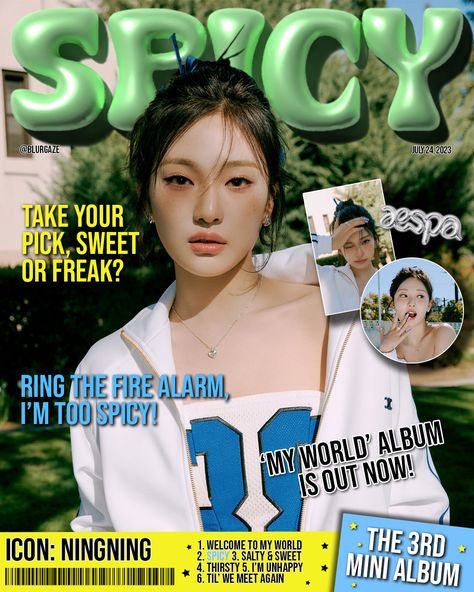 K Pop Magazine Cover, Aespa Magazine, Showcase Poster, Aespa Spicy, Kpop Magazine, Magazine Edit, Cartoons Magazine, Magazine Cover Ideas, Magazine Design Cover