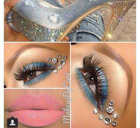 Diamond blue, make-up to match your Shoes. Diamonds And Denim Party, 2016 Makeup Trends, Diamond Clothing, Jewel Makeup, Face Rhinestones, Denim Party, Rhinestone Makeup, Diamond Party, Denim And Diamonds