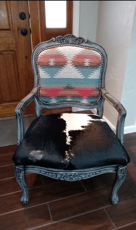 Western Chair Makeover, Western Chair, Ranch Furniture, Cowhide Chair, Cowhide Furniture, Western Bedroom Decor, Welcome To My House, Western Furniture, Western Design