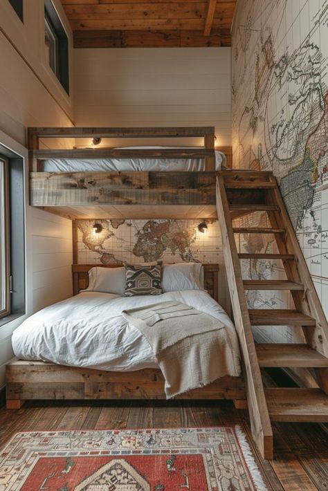 40 Bunk Room Ideas: Designs for Fun, Space-Saving Solutions Bunk Room With Couch, Bunk Beds For Adults Small Spaces, Bunk Bed For Small Space, Unique Sleeping Spaces, 10x10 Bedroom Layout Bunk Bed, Bunk Bed Boy Room, Queen Twin Bunk Bed, Diy Full Over Full Bunk Beds Plans, Tiny Bunk Room