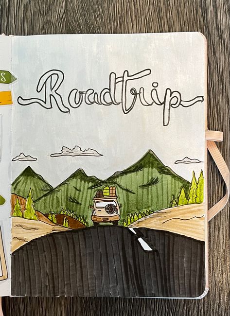 Road Trip Journal Ideas, Roadtrip Drawing, Roadtrip Scrapbook, Roadtrip Journal, Bullet Journal Front Page, Bullet Journal First Page, August Bujo, Road Trip Theme, Road Trip Journal