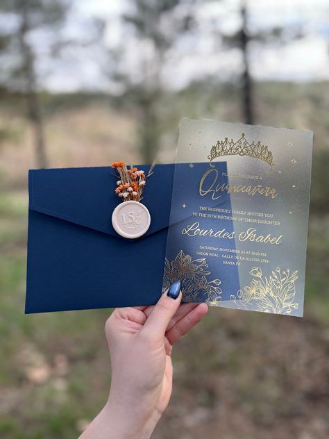 "CONGRATULATIONS!  We are happy to be with you on this special day. 🌸 💙 This invitation has a navy blue envelope color. You can decorate the envelope with our floral seal models. Invitation area is of two types; these are \"gold gilding printing on icy acrylic\" and \"gold gilding printing on high quality navy blue cardboard\" A great design is available in the invitation area. 💙 You can customize this invitation model according to the type of event you want. It is possible to personalize for many activities such as wedding cards, birthday cards, baby showers. For this, it will be enough to contact us! 💙 Please share your information with me via message. You can send me your invitation information, address, location, date and names via message. I will make a design for you using your i Blue Quinceanera Ideas, Gold Quinceanera Theme, Blue Quinceanera Theme, Royal Blue Quince, Royal Blue Quinceanera, Blue Sweet 16, Navy Blue And Gold Wedding, Quince Themes, Quince Invitations