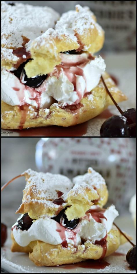 Amarena Cherry Cream Puffs Cream Puff Flavors, Easy Whipped Cream Recipe, Filled Cakes, Cream Puff Dessert, Amarena Cherries, Homemade Cream Puffs, Cream Puff Filling, Chocolate Cream Puff, Puff Dessert