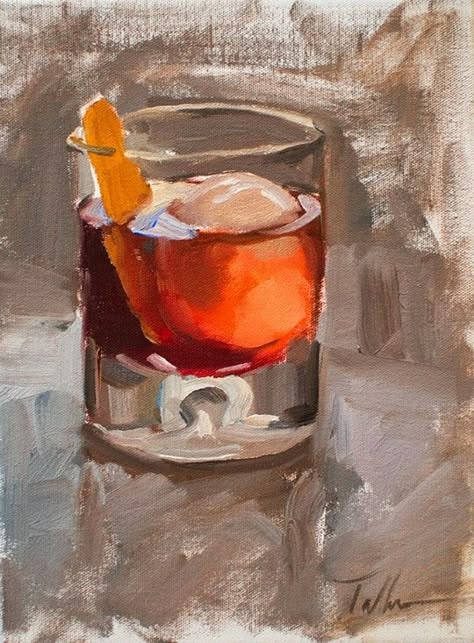 Matt Talbert - The Cocktail Painter | Gastronomista ( Old Fashioned) Cocktail Art Painting, Old Fashion Painting, Old Fashioned Cocktail Painting, Bar Art Painting, Old Fashioned Painting, Cocktail Oil Painting, Paintings Of Cocktails, Cocktail Painting Acrylic, Bar Painting