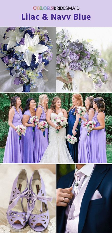 Top 5 Early Summer Navy Blue Wedding Ideas---navy blue and lilac, wedding bouquets, wedding shoes, bridesmaid dresses, garden weddings Lilac And Navy Blue Wedding, Navy Blue Wedding Ideas, Lilac Wedding Colors, Purple And Blue Wedding, Lilac Wedding Themes, Lavender Wedding Colors, Royal Blue Wedding Theme, Wedding Color Schemes Blue, Vintage Wedding Colors