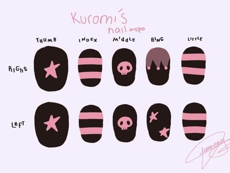 Kuromi Nail Art Simple, Short Alt Nail Ideas, Simple Emo Nail Designs, Omori Nails Ideas, Nail Designs Sanrio, Sanrio Nail Art Kuromi, Kuromi Short Nails, Sanrio Nail Ideas, Sanrio Nails Simple