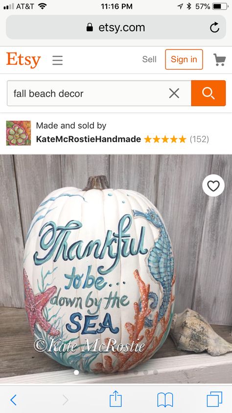 Coastal Pumpkin Carving Ideas, Beachy Pumpkin Painting Ideas, Beachy Fall Decor, Beach Theme Pumpkins, Beachy Painted Pumpkins, Ocean Themed Pumpkin Painting, Coastal Easter Decor, Pumpkin Carving Beach Theme, Coastal Fall