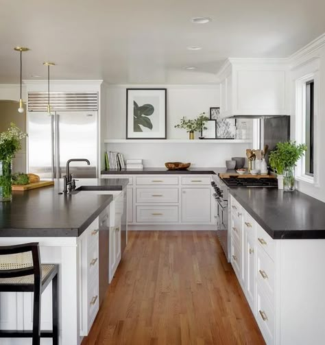 Marble Top Kitchen Island, Black Counters, Cover Inspiration, Black Countertops, White Kitchen Island, Bellingham Wa, Design Websites, Luxe Interiors, Brass Pulls