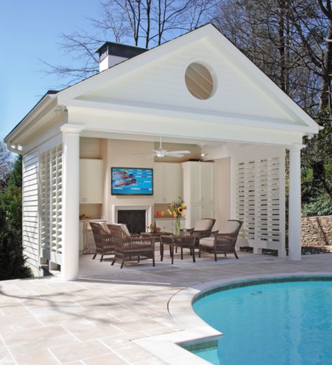 Indiana Limestone pavers flow into a poolside living room Pool Cabana Ideas, Pool House Design, Pool Gazebo, Pool Pavilion, Pool House Designs, Bathroom Apartment, Pool House Plans, Pool Cabana, Backyard Pool Designs