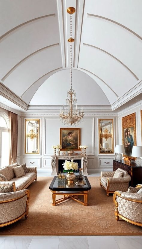 Curved Ceiling Design, Living Room Victorian, Cathedral Ceiling Living Room, Polished Concrete Floors, Vaulted Ceiling Living Room, Industrial Chic Design, Shiplap Ceiling, Ceiling Curtains, Gallery Wall Living Room