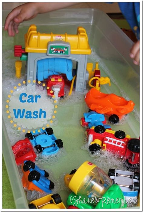 car themed sensory bin | Share and Remember: Little People Car Wash Water Play Prek Transportation, Preschool Transportation, Transportation Theme Preschool, Transportation Unit, Sensory Tubs, Transportation Activities, Tuff Spot, Transportation Crafts, Transportation Preschool