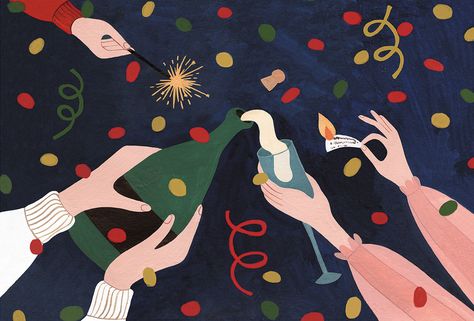 Illustration by Evgeniya Skubina instagram evgeniya.skubina, www.skubina.ru #illustration #newyearcard #newyearillustration #newyear Behance Illustration, Puzzle Logo, Christmas Card Illustration, New Year Illustration, New Year Art, New Years Poster, 카드 디자인, Holiday Illustrations, E Card