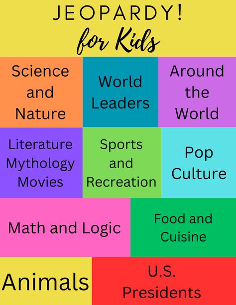 100 of the Best Kids Jeopardy Questions: Fun Learning Challenge. Check out loads of awesome Jeopardy! Questions for kids with 10 great categories! Jeopardy Questions, Learning Challenge, Diy Kids Games, Fun Party Games, Facts For Kids, Game Nights, Fall Crafts For Kids, Crafty Kids, Halloween Crafts For Kids