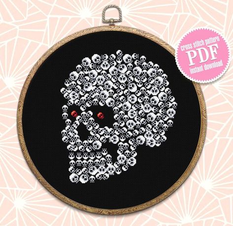 "Cross stitch pattern - gothic cross stitch with halloween skulls. This gothic ornament as skull decor is simple and modern. Horror cross stitch for gothic halloween suitable for beginner stitch. Spooky cross stitch skull painting is great home decor. The diagrams for skull embroidery are prepared for instant download PDF.  Fabric: 16 count Black Aida Stitches: 142 x 162 Size: 8.88 x 10.13 inches or 22.54 x 25.72 cm Colours: 5 (DMC) This PDF pattern Includes: - Pattern in black and white symbol on 1 and 4 pages, - Pattern in color blocks and symbols on 1, 2 and 4 pages, - List of DMC colors you will need and thread length. ATTENTION! For personal use only! All my patterns are not for commercial using. You may not resold files as is, or with minor changes. The product may not be used in any Free Skull Cross Stitch Pattern, Horror Cross Stitch, Gothic Ornament, Cross Stitch Skull, Ornament Cross Stitch, Skull Embroidery, Halloween Skulls, White Symbol, Modern Halloween