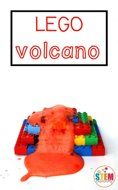 What an awesome STEM activity for kids! Make a LEGO volcano that really erupts. So easy to make and it would be perfect for a science fair project. Lego Volcano Project, Science Fair Projects Volcanos, Volcano Learning Activities, Lego Volcano, Kindergarten Volcano Experiment, Dayhome Activities, Kids Volcano Experiment, Lego Stem, Volcano Project