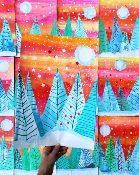 Instagram Easy Winter Art For Kids, Landscape Paintings For Kids, Color Art Lessons, Kids Collage, Snow Crafts, Winter Art Lesson, Elementary Art Rooms, Spring Kindergarten, Winter Art Projects