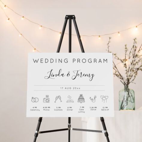 $44.20 | Minimalist Program Wedding Timeline Sign #wedding program sign, wedding sign, black and white, modern, simple, wedding timeline sign template, ceremony program sign, timeline program, wedding itinerary Timeline Wedding Sign, Wedding Yard Games, Wedding Timeline Sign, Timeline Wedding, Program Wedding, Wedding Day Schedule, Order Of Events, Wedding Itinerary, Personalized Wedding Sign