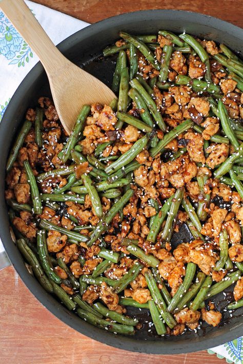 Garlic Green Bean and Turkey Stir Fry - Emily Bites Turkey And Green Bean Stir Fry, Ground Chicken And Green Bean Stir Fry, Ground Turkey And Green Beans Recipes, Ground Turkey Green Bean Stir Fry, Ground Chicken And Green Beans, Ground Turkey Green Beans, Ground Turkey And Green Beans, Turkey Green Beans, Turkey And Green Beans