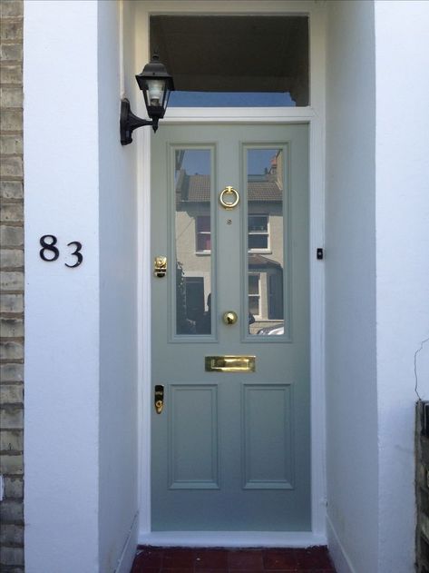 Victorian front door in Farrow & Ball's Blue Gray no. 91 in exterior eggshell Farrow And Ball Front Door Colours, Front Door Farrow And Ball, Farrow And Ball Blue Gray, Gray Front Door Colors, Grey Front Door, Victorian Front Door, Grey Front Doors, Farrow Bal, Victorian Front Doors