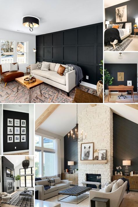 Looking to add bold character to your decor? A black accent wall is an easy way to achieve a unique look. These black accent wall ideas will get you going. Black Accent Wall Farmhouse, Accent Black Wall Living Room, Black Accent Wall Living Room Ideas, One Black Wall Living Room, Black Accent Wall With Plants, Black Accent Wall With Fireplace, Black Accent Wall Living Room Western, Black Home Accents, Iron Ore Accent Wall Living Room