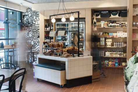 Grab And Go Market, Bakery Shop Interior, Barbican London, Cafe Inspiration, 60s Furniture, Fresh Market, Retail Store Design, Coffee Shop Decor, Retail Design Blog