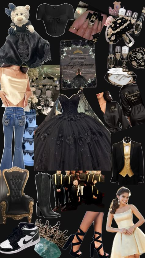 Quince Masquerade Theme, Black Themed Quinceanera, Black Swan Quince, Black Quinceanera Theme Decorations, Black Quince Theme, Black And Gold Quinceanera Theme, Black And Gold Quince, Black Quinceanera Theme, Black Quince Dress