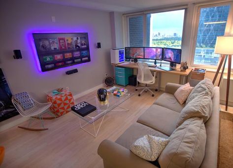 wooden-floor-led-light-computer-desk-how-to-decorate-a-small-living-room-beige-couch-glass-table Pc Setup Living Room, Living Room Pc Setup, Gaming Setup In Living Room, Pc In Living Room, Game Corner In Living Room, Cool Living Room Ideas Creative, Gamer Station, Living Room Gaming Setup, Cozy Pc Setup