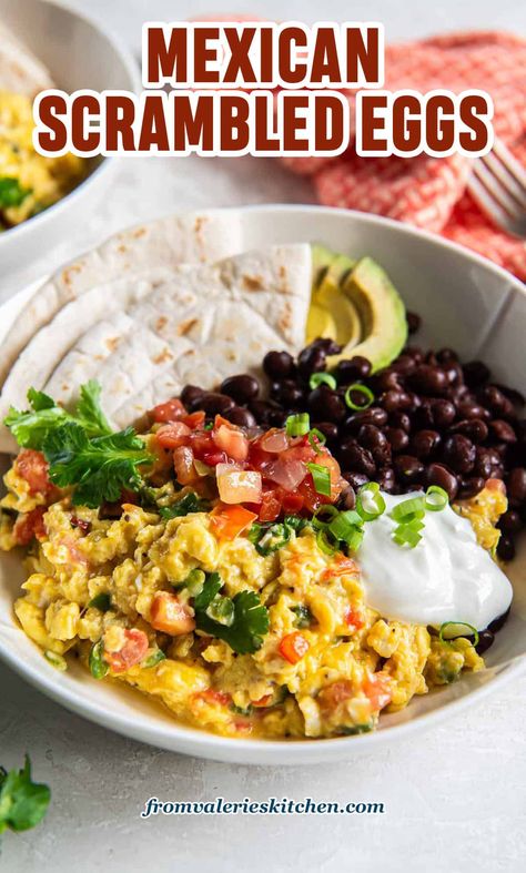 These hearty Mexican Scrambled Eggs are cooked with onions, peppers, tomato, and melted cheese. Serve them with creamy avocado, warm black beans, and toasted flour tortillas for a protein-rich start to your day or an easy breakfast for dinner choice! Easy Breakfast For Dinner, Toasted Flour, Mexican Scrambled Eggs, Breakfast Beans, Breakfast Bowls Recipe, Dinner Choices, Black Bean Recipes, Mexican Breakfast Recipes, Mexican Breakfast