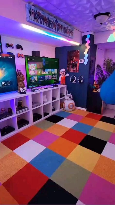 Small Game Room Design, Game Night Aesthetic, Small Game Room Ideas, Video Game Themed Bedroom, Gaming Themed Bedroom, Playstation Room, Gaming Bedroom Ideas, Teen Game Rooms, Gamer Room Design