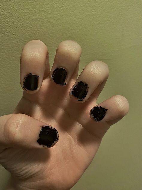 Short Grunge Nails Aesthetic, Messy Genius Aesthetic, Black Chipped Nails Aesthetic, Chipped Nail Polish Aesthetic Grunge, Bitten Nails Aesthetic, Messy Nail Polish Aesthetic, Messy Nails Aesthetic, Chipped Black Nails Aesthetic, Messy Nail Polish