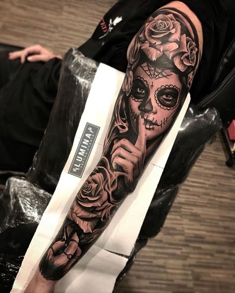 Mexican Skull Tattoos, Chicano Tattoos Sleeve, Mexican Tattoo, Catrina Tattoo, Skull Girl Tattoo, Skull Sleeve Tattoos, Realistic Tattoo Sleeve, Skull Sleeve, Forarm Tattoos