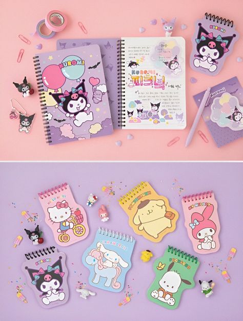 Kuromi Notebook, Hello Kitty School Supplies, Sanrio Notebook, Sanrio Products, Bullet Journal Scrapbook, Scrapbook School, Hello Kitty School, White Scrapbook, Squishies Kawaii