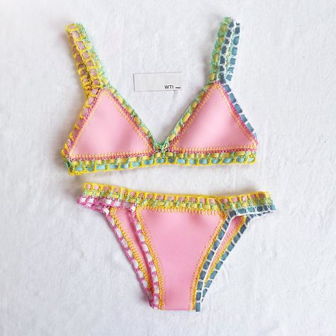 Reversible Neo Crochet Bikini Set – W.T.I. Design Preppy Bathing Suit, Light Blue Crochet, Crochet Yellow, Vintage Style Bag, Swimsuit Inspo, Bikinis Crochet, Crochet Black, Yellow Crochet, Crochet Pink