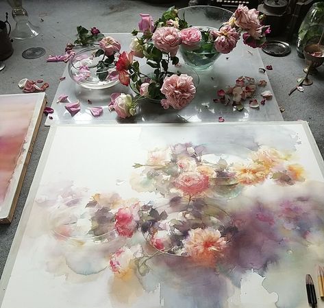 Yuko Nagayama Rose Artwork, Painting Roses, Watercolor Paintings Easy, Flower Watercolor, Cowboy Art, Watercolor Flowers Paintings, Paintings I Love, Art Flowers, Rose Painting