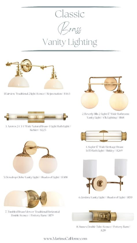 Affordable vintage-inspired brass and gold vanity lighting to upgrade your bathroom. Gold 2 Light Vanity Light, Gold Bathroom Mirror And Light, Classic Bathroom Light Fixtures, Vintage Gold Bathroom Mirror, Bathroom Vanity Ceiling Lighting, Above Sink Lighting Bathroom, Half Bath Vanity Lighting, Brushed Brass Bathroom Light Fixtures, Studio Mcgee Bathroom Lighting