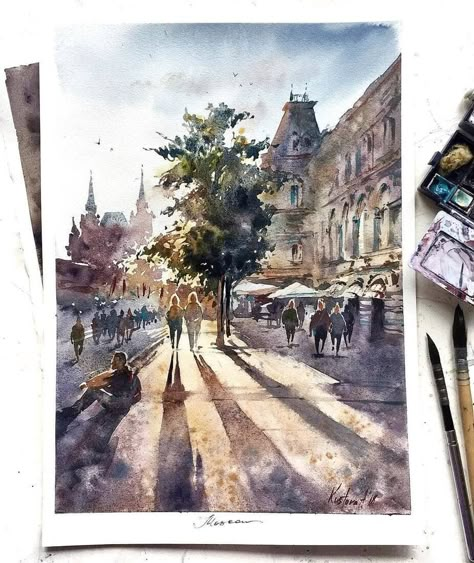 Moscow by Anastasia Kústova Nagel Art, Plein Air Watercolor, Artwork Watercolor, Watercolor Architecture, 수채화 그림, Architecture Old, Plein Air Paintings, Urban Sketching, Watercolor Landscape