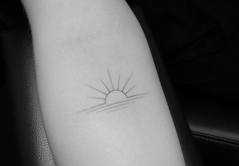 Sun Setting Tattoo, Rising Sun And Moon Tattoo, The Sun Also Rises Tattoo, Follow The Sun Tattoo, Sunshine Forearm Tattoo, Small Sun Rise Tattoo, Sun Rise Tattoo Design, Still I Rise Sun Tattoo, Sun Rising Tattoo