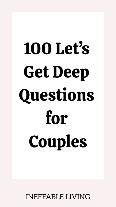 Let’s Get Deep Questions for Couples 1. What is your definition of love?  2. How do you express love and feel loved in a relationship?  3. What are your greatest fears or insecurities in the relationship?  4. What is your most cherished memory together?  5. How do you envision the future of our relationship?  6. What role does communication play in our relationship?  7. What are your core values and how do they align with mine?  8. If you could change one thing about our relationship or the way Deep Relationship Questions, Deep Questions For Couples, Relationship Values, Relationship Expectations, Relationship Needs, Emotional Honesty, Deep Questions To Ask, Green Flags, Questions For Couples