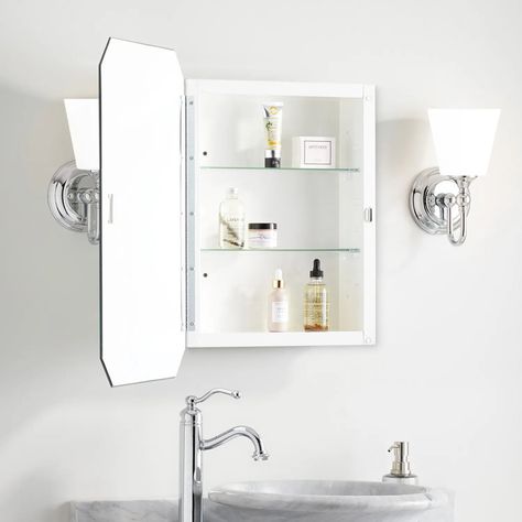 Signature Hardware Oxford Steel Medicine Cabinet With Beveled Glass - Recess Mount - Glass Shelves | Wayfair Arch Mirror Medicine Cabinet, Arched Medicine Cabinet Mirror, Bathroom Arch Mirror, Arched Bathroom, Arched Mirrors, Classical Bathroom, Mirror Medicine Cabinet, Recessed Storage, Medicine Cabinet With Mirror