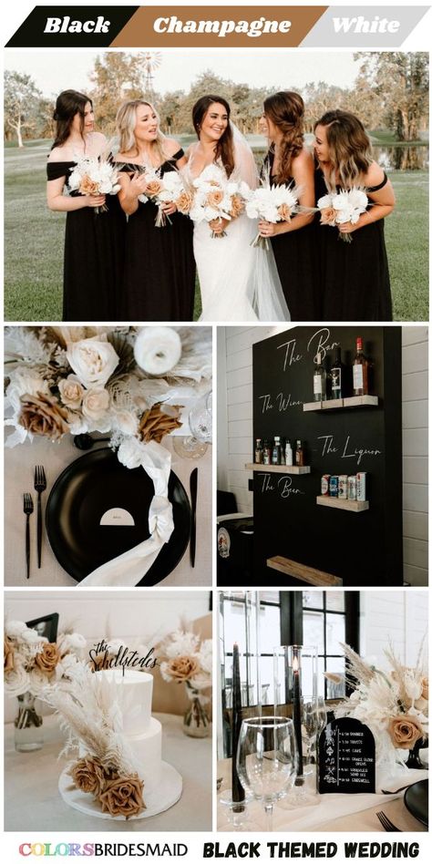 Black, Champagne and White Wedding Color Ideas 2024：Consider a classic white wedding dress and black bridesmaid dresses with white and champagne bouquets. Champagne color can be incorporated through accessories like table centerpiece or wedding cake flowers. Black table settings and black backdrop are also good ideas. #weddingcolors #weddingideas #blackweddings #colsbm #2024 #bridesmaiddresses #blackchampagneandwhite White And Black Wedding Theme, Black And Champagne Wedding Colors, Wedding Colora, Champagne And White Wedding, Classy Wedding Colors, Champagne And Black Wedding, Champagne Wedding Colors Scheme, Black Champagne Wedding, Wedding Color Themes