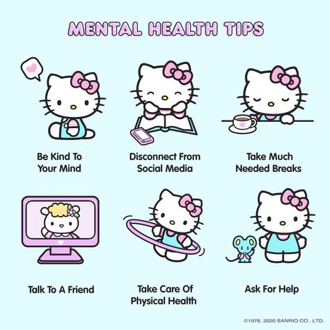 Mental Health Tips 💭💗 Friendly reminders to be kind to your mind and make your mental health a priority. Share with a friend ✨ Kitty Health, Be Kind To Your Mind, Charmmy Kitty, Self Care Bullet Journal, Hello Kitty Characters, To Be Kind, Cute Messages, Hello Kitty Pictures, Mental And Emotional Health