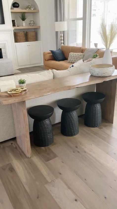 Console Table Stools Under, Console Table With Stools Underneath, Console Table Stools, Living Room With Console Table, Ottoman Under Console Table, Ikea Console Table Hack, Snack Bar Design, Home Decor Ideas Handmade, Bar Behind Couch