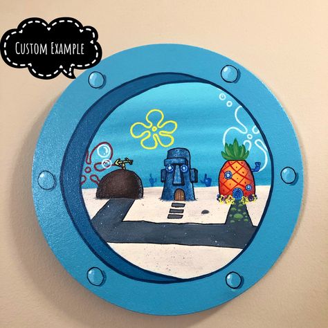 A custom example on my SpongeBob portholes. Ask for a custom example on my Etsy shop. Sponge Bob Window Painting, Spongebob Porthole Painting, Spongebob Squarepants Painting, Spongebob Porthole, Spongebob Window Painting, Spongebob Window, Round Canvas Painting, Spongebob Art, Vinyl Art Paint