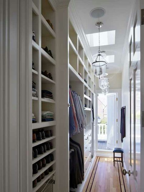 Narrow hallway/amazing closets Long Narrow Closet, Narrow Closet Organization, Narrow Walk In Closet, Narrow Closet, Master Closet Organization, Creative Closets, Hallway Closet, Walk In Closet Design, Walking Closet