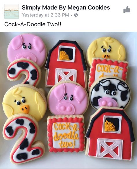 Moo Moo I’m Two Cookies, Cocka Doodle Two Birthday, Cockadoodle Two Birthday, Oink Moo Cockadoodle Doo Birthday, Birthday Cale, Second Birthday Boys, 2nd Birthday Party For Girl, Farm Themed Party, Barnyard Birthday Party