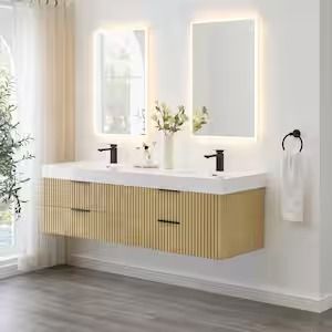 Livia 72 in. W Double Sink Floating Bath Vanity in Nature Brown with White Stone Top and Mirror Farmhouse Sink Faucet, Floating Bathroom Vanities, Drop In Sink, Vanity Countertop, Bathroom Vanities For Sale, Minimalist Pattern, Double Bathroom Vanity, Wall Mounted Vanity, Bathroom Vanity Tops