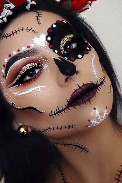 Cool Halloween Costume Ideas, Makijaż Sugar Skull, Sugar Skull Halloween Makeup, Skull Halloween Makeup, Carnaval Make-up, Halloween Makeup Sugar Skull, Halloweenský Makeup, Holloween Makeup, Den Mrtvých