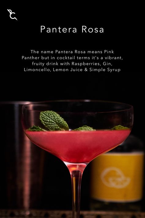 The name Pantera Rosa means Pink Panther but in cocktail terms it's a vibrant, fruity drink with Raspberries, Gin, Limoncello, Lemon Juice & Simple Syrup Cocktail Trends, Gin Cocktail Recipes, Cocktails To Try, Gin Drinks, Sweet Cocktails, Fruity Drinks, Boozy Drinks, Rum Drinks, Fancy Drinks