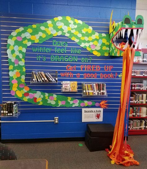 Dragon Library Display, Dragon Bulletin Board Ideas, Dragon Classroom Theme, Dragon Bulletin Board, Dragon Classroom, Book Display Ideas, Japanese Club, Ladybug Room, School Book Fair